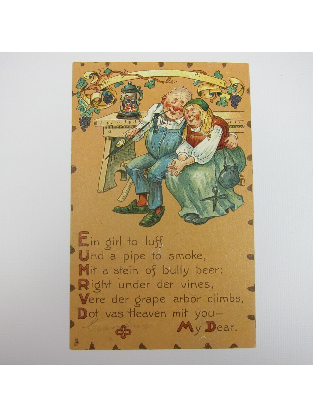 Tuck Postcard Greeting Valentine Old Man & Woman German Beer Stein Pipe UNPOSTED